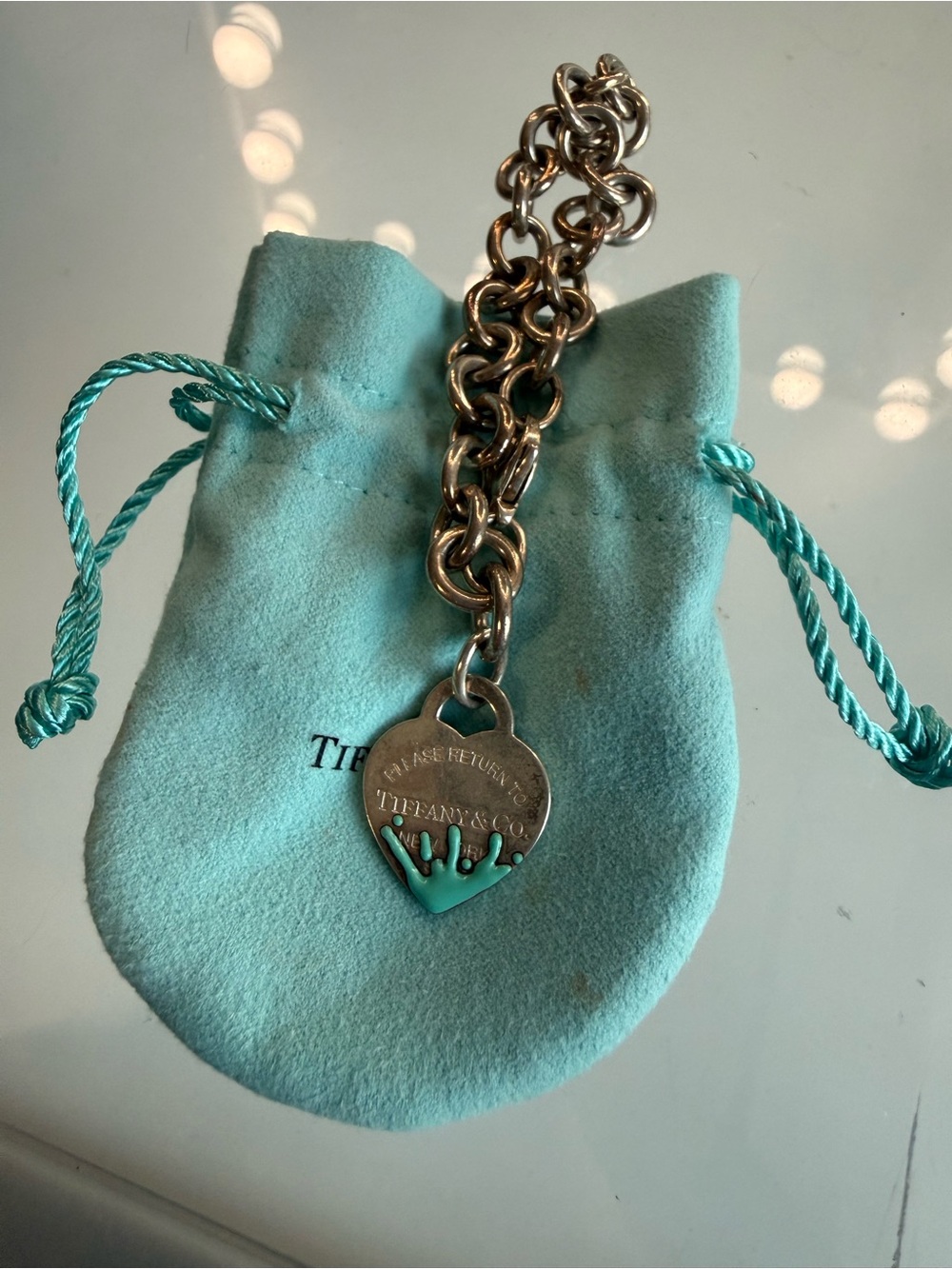 Tiffany & Co. Silver Chain Bracelet with Turquoise Heart Drip Accent